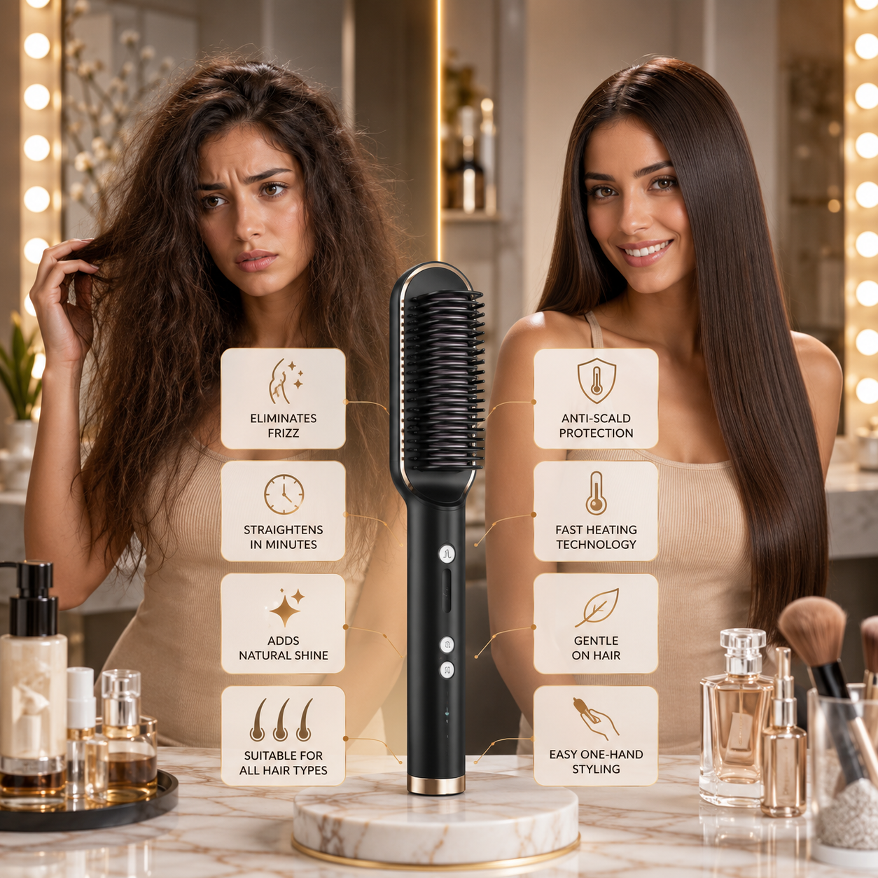 Hair Straightener Brush for Women & Men with 5 Temperature Control Smooth